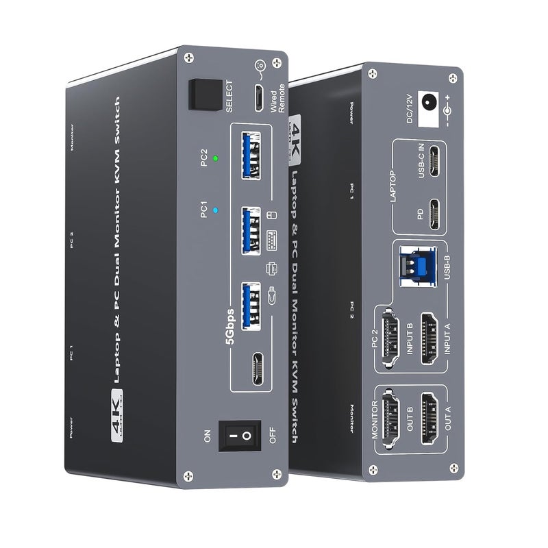 DXchip 4K USB Type-C Docking KVM Switch Laptop& Desktop 2 Monitors 2 Computers USB-C & Dual HDMI 4K@60Hz Dual Monitor KVM Switches for MAC & PC, PD 100W Charging, with Type-C 3.1 Gen 2 Cable & Wired Remote - Image 1